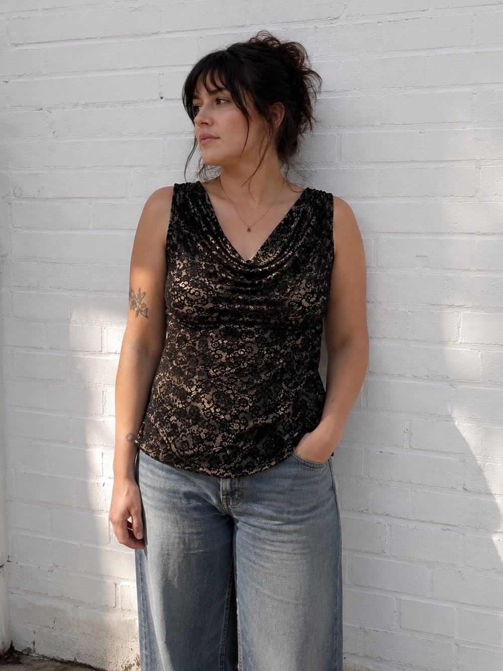 Y2K Black Cowl Tank Top Burnout Goth Womens Size Large Vintage Castlecore Fairy